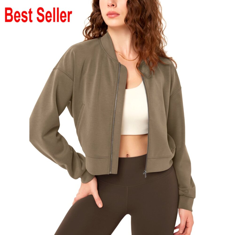 Modal Soft Full-Zip Bomber Jacket Cropped Stand Collar Casual Wear